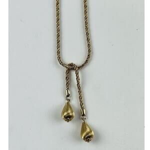 Vintage Gold Tone Necklace Citation Lariat Love Knot Dangle Teardrop Rope Chain